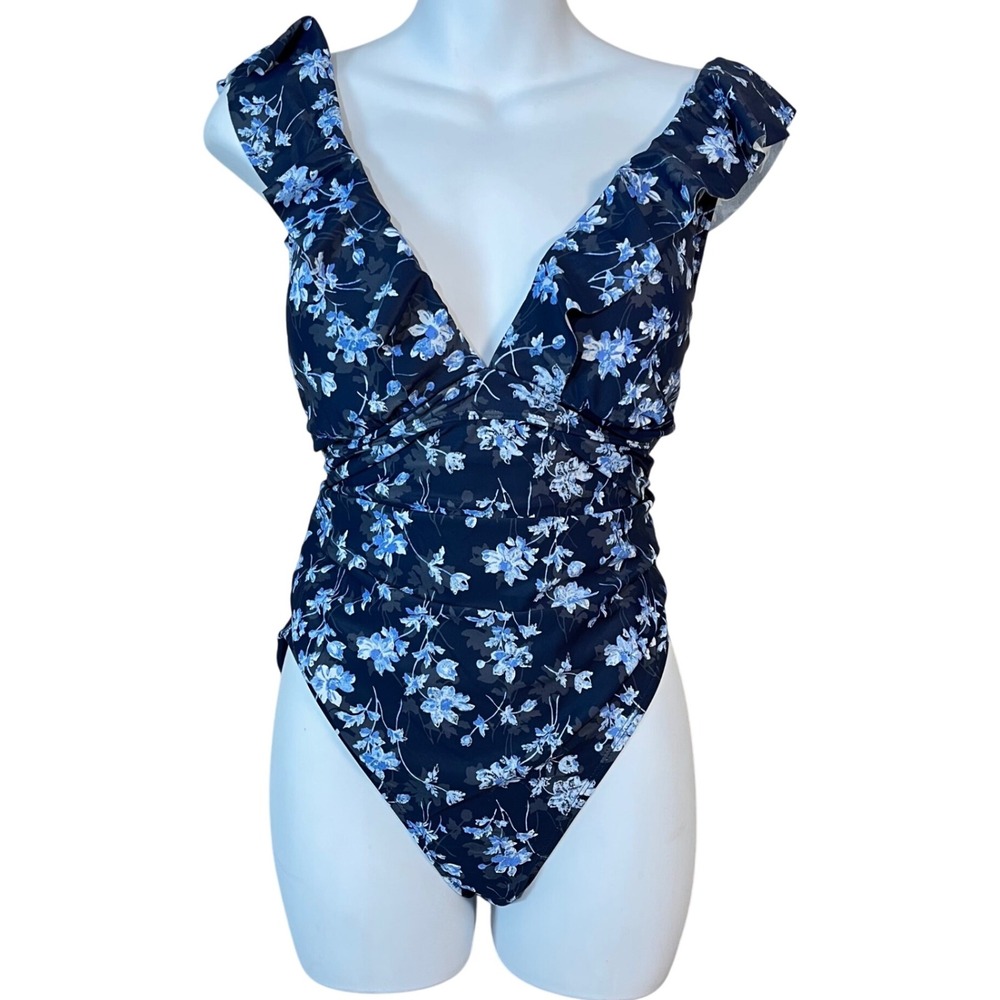 A Pea In The Pod Ruffled Maternity Blue Floral One Piece Swim NEW